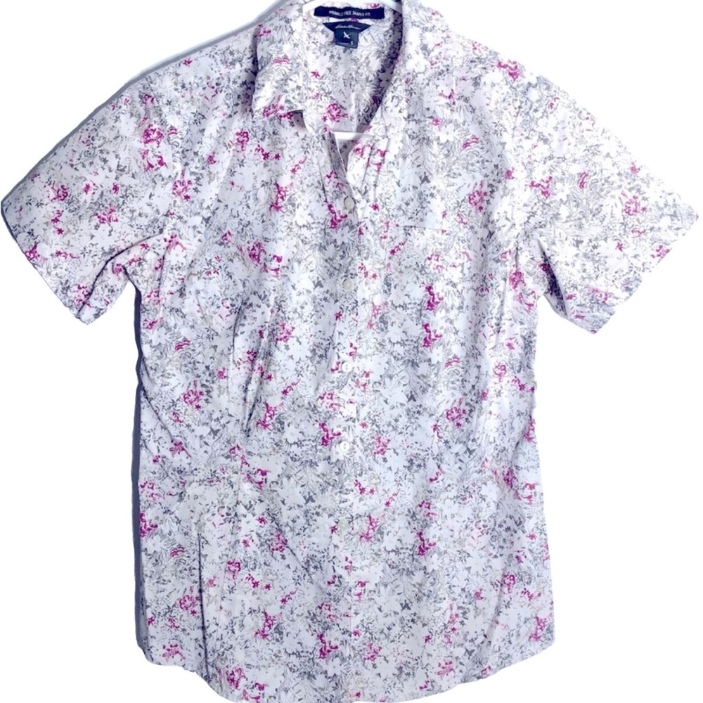 Eddie Bauer Wrinkle Free Blouse Button Down Collar Artsy Shirt short Sleeve S